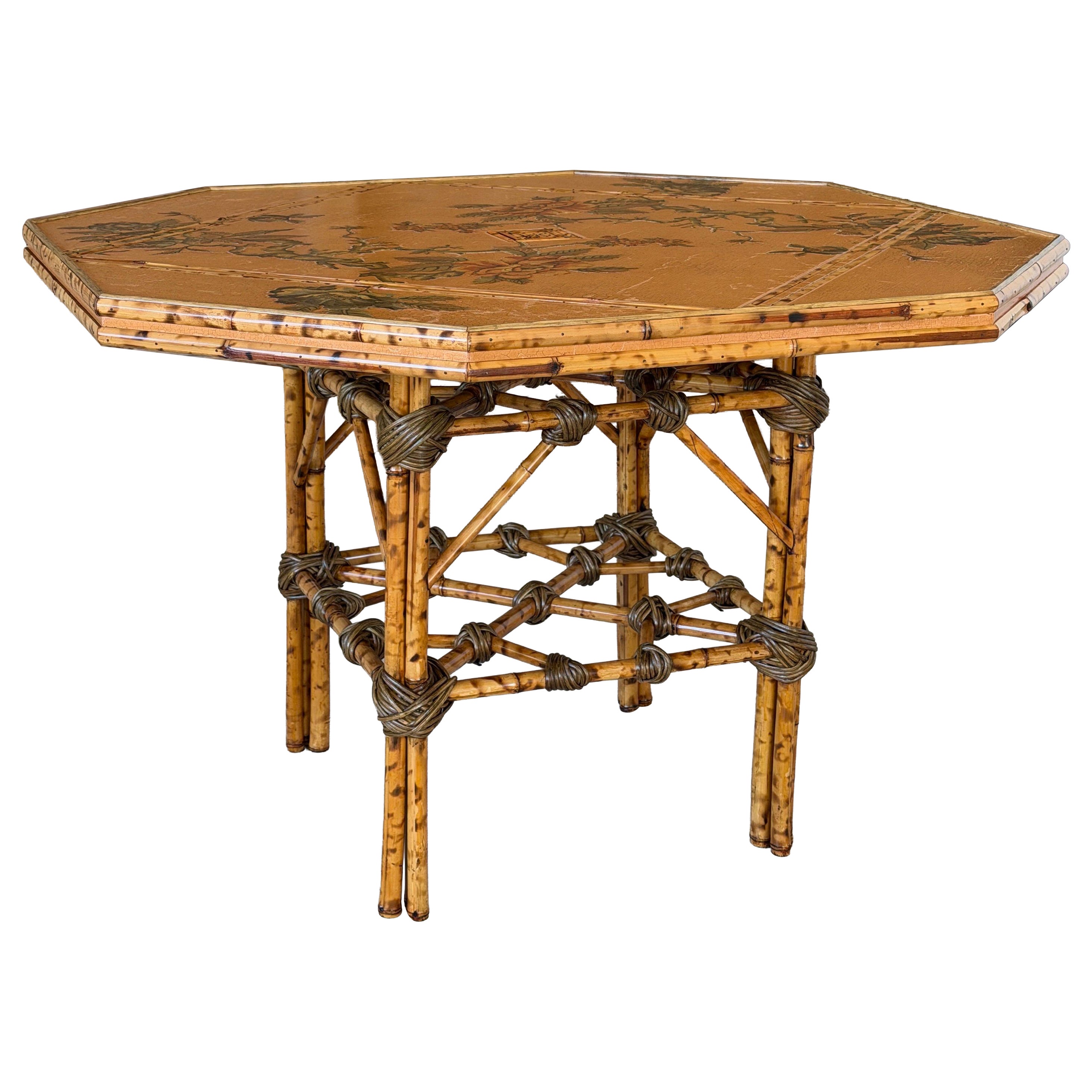 Vintage Coastal Tortoise Bamboo Octagonal Dining Table With Decoupage Floral Top For Sale