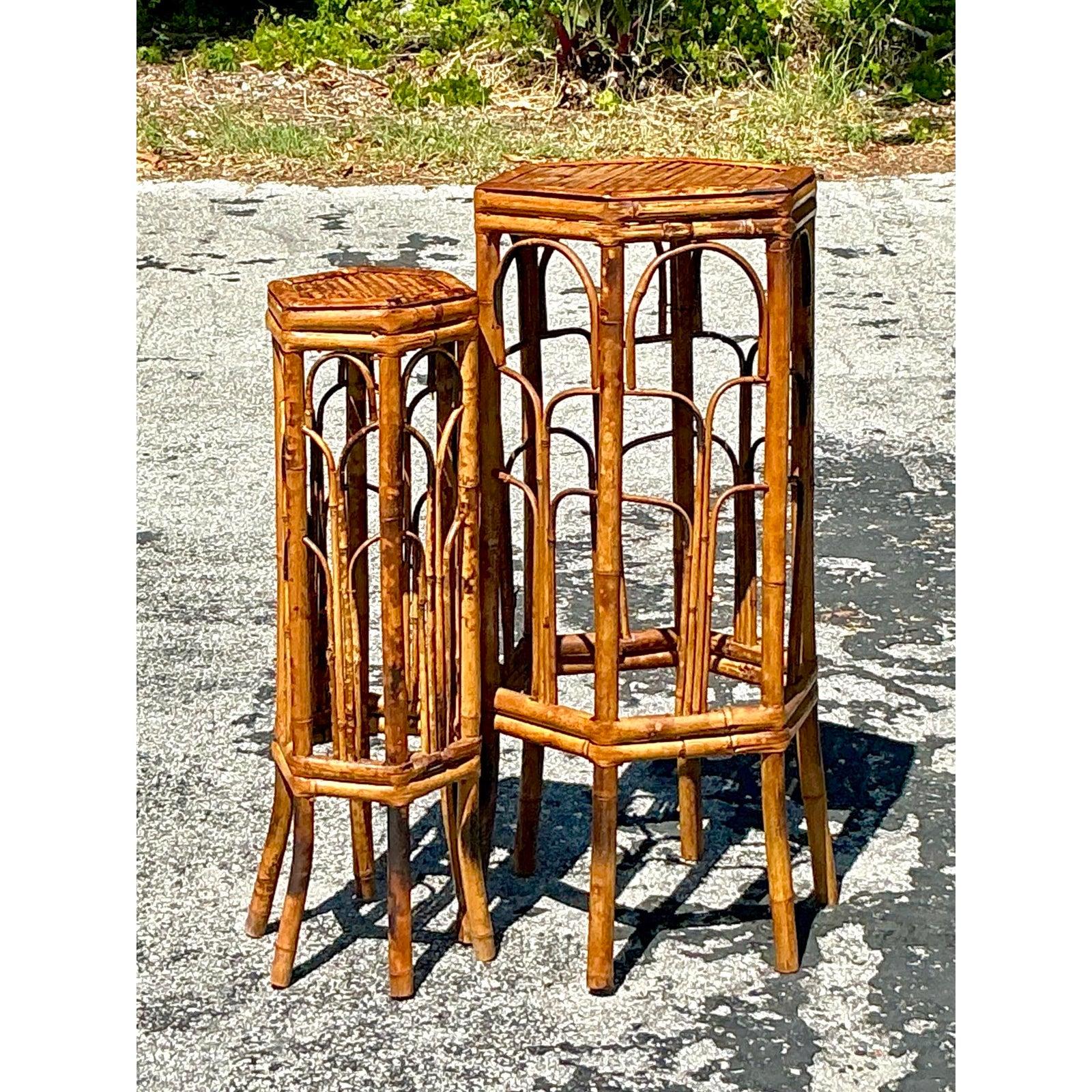 Cet ensemble de deux piédestaux vintage en bambou apporte un charme tropical et une élégance architecturale à tout espace. Dotés de plateaux hexagonaux, de bambou aux tons chauds de tortue et de panneaux gracieusement cintrés, ces hauts supports de