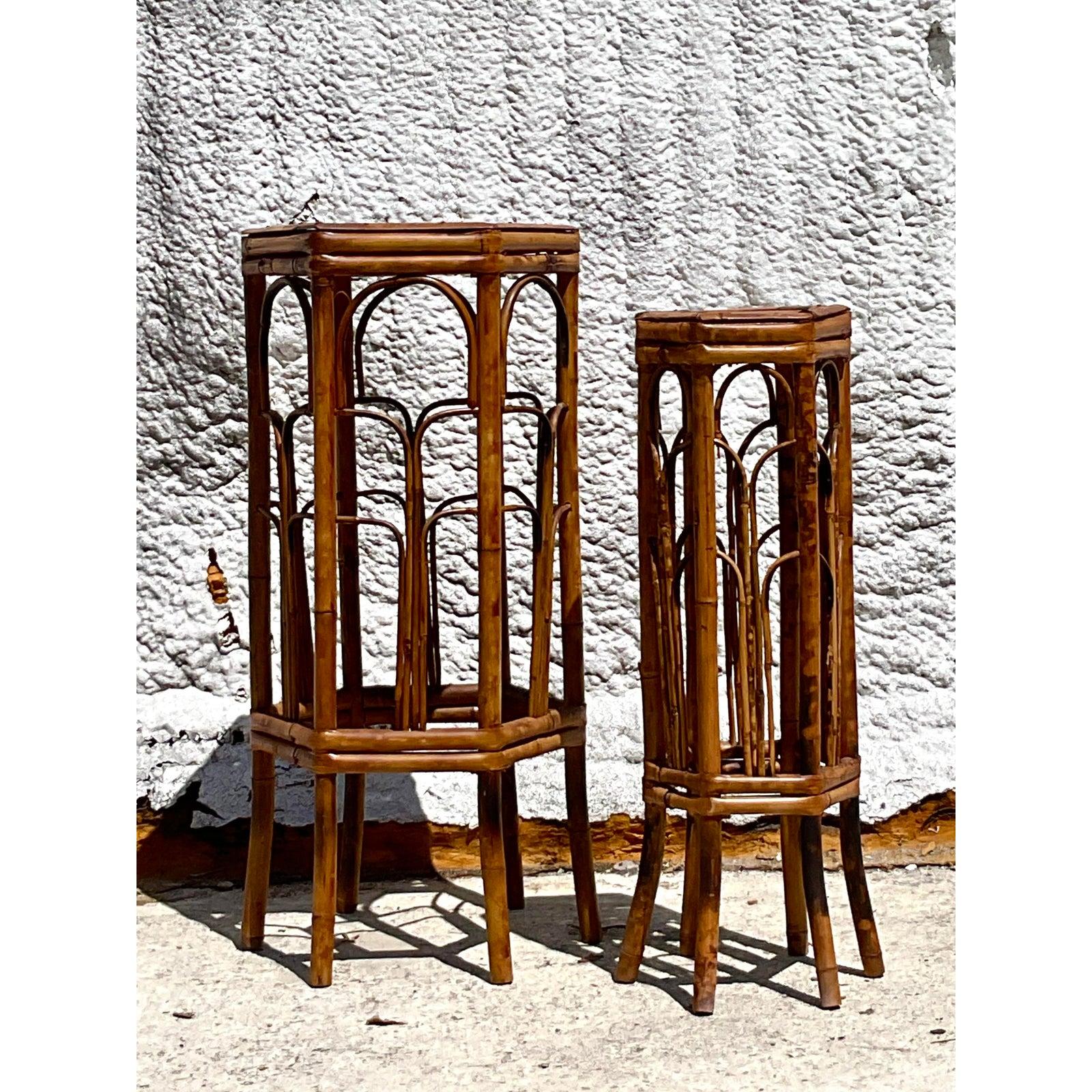 Bambou Piédestaux vintage en bambou et écailles de mer - Lot de 2