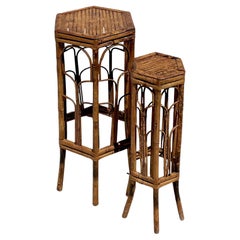 Piédestaux vintage en bambou et écailles de mer - Lot de 2