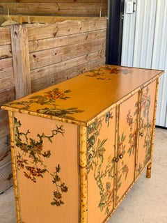 Vintage Coastal Tortoise Bamboo Sideboard Cabinet With Floral Decoupage