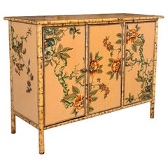 Vintage Coastal Tortoise Bamboo Sideboard Cabinet With Floral Decoupage