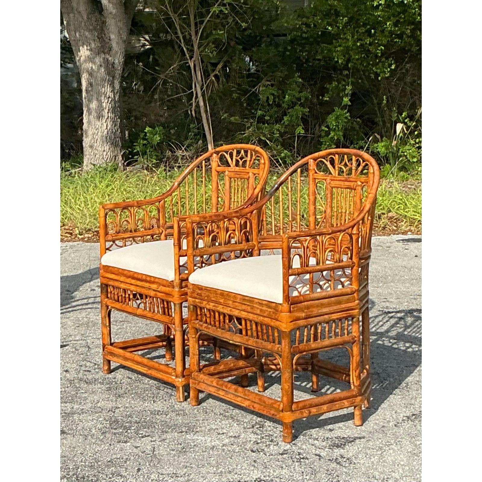Chinoiserie Vintage Coastal Tortoise Rattan Brighton Pavillion Chairs - A Pair For Sale