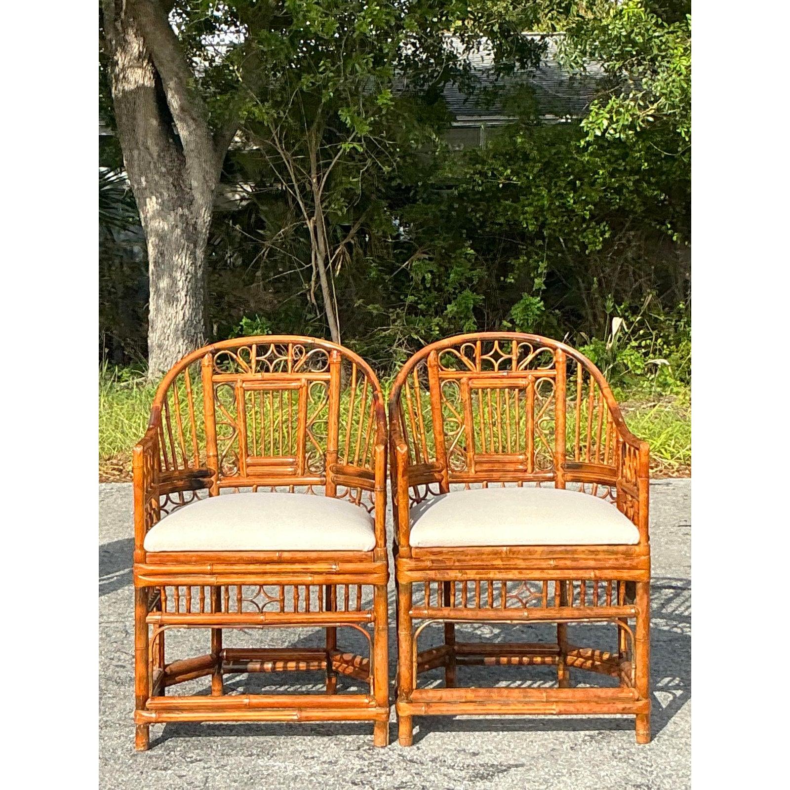 Philippine Vintage Coastal Tortoise Rattan Brighton Pavillion Chairs - A Pair For Sale