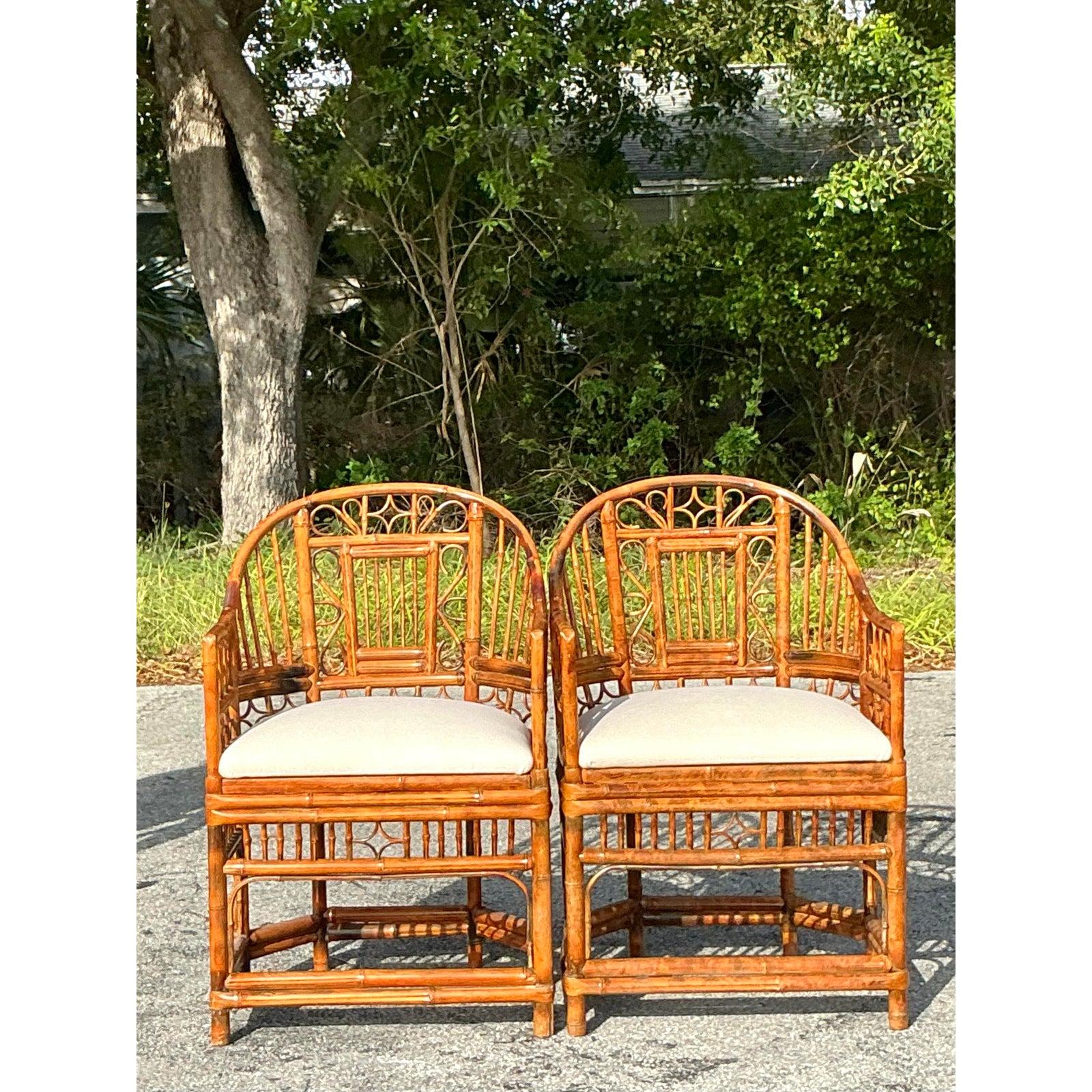Vintage Coastal Tortoise Rattan Brighton Pavillion Chairs - A Pair In Good Condition For Sale In west palm beach, FL
