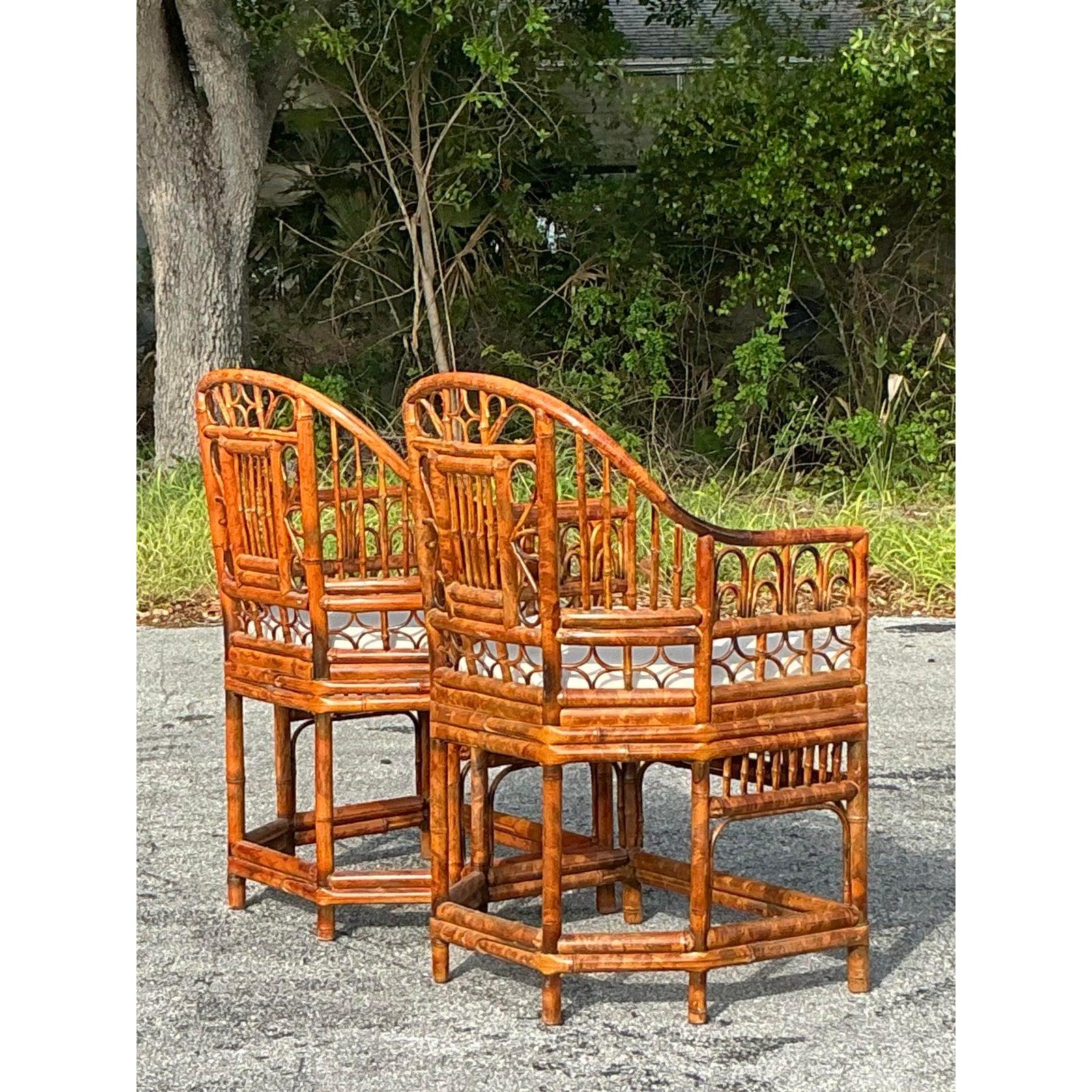 Upholstery Vintage Coastal Tortoise Rattan Brighton Pavillion Chairs - A Pair For Sale