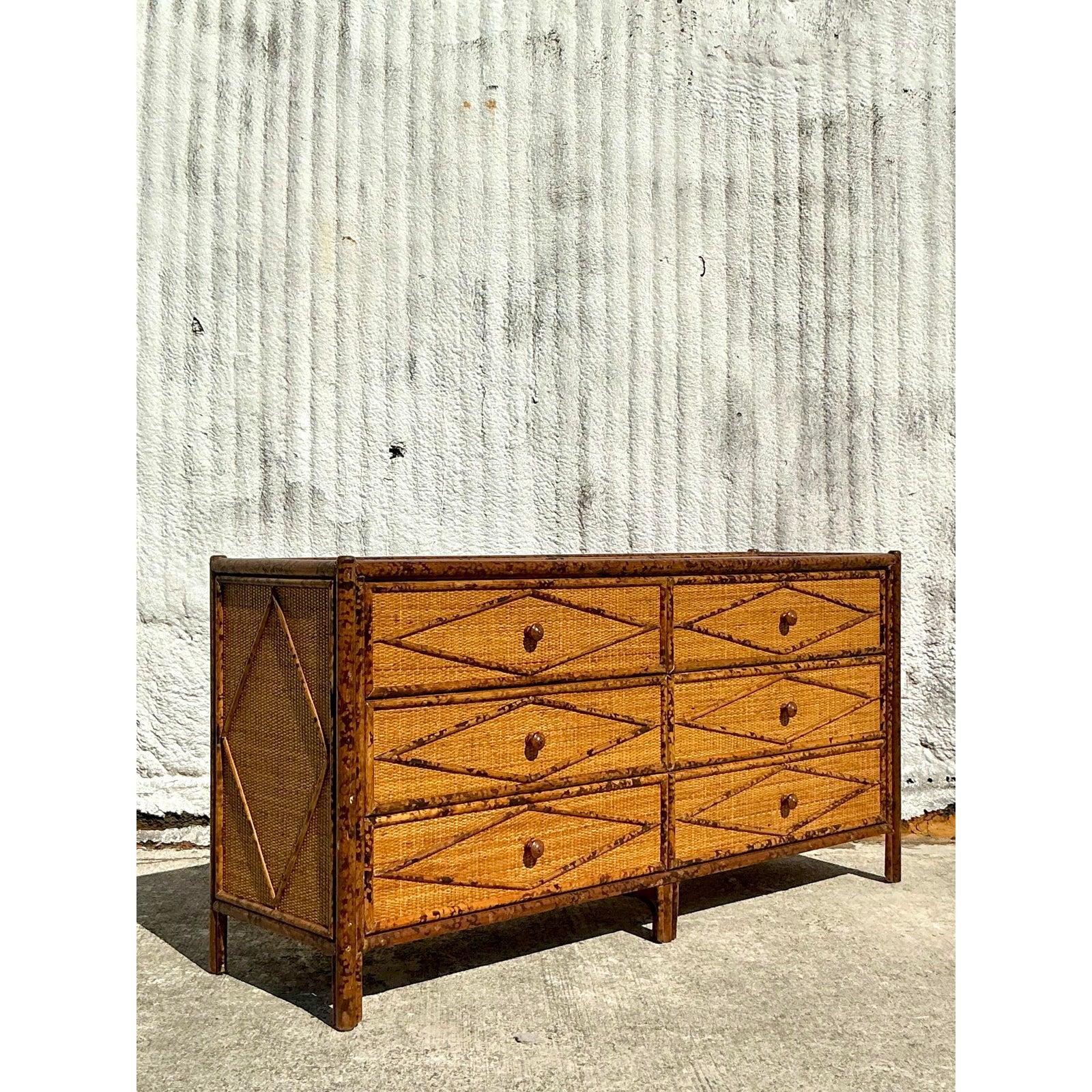 Vintage Coastal Tortoise Rattan Dresser In Good Condition In West Palm Beach, FL