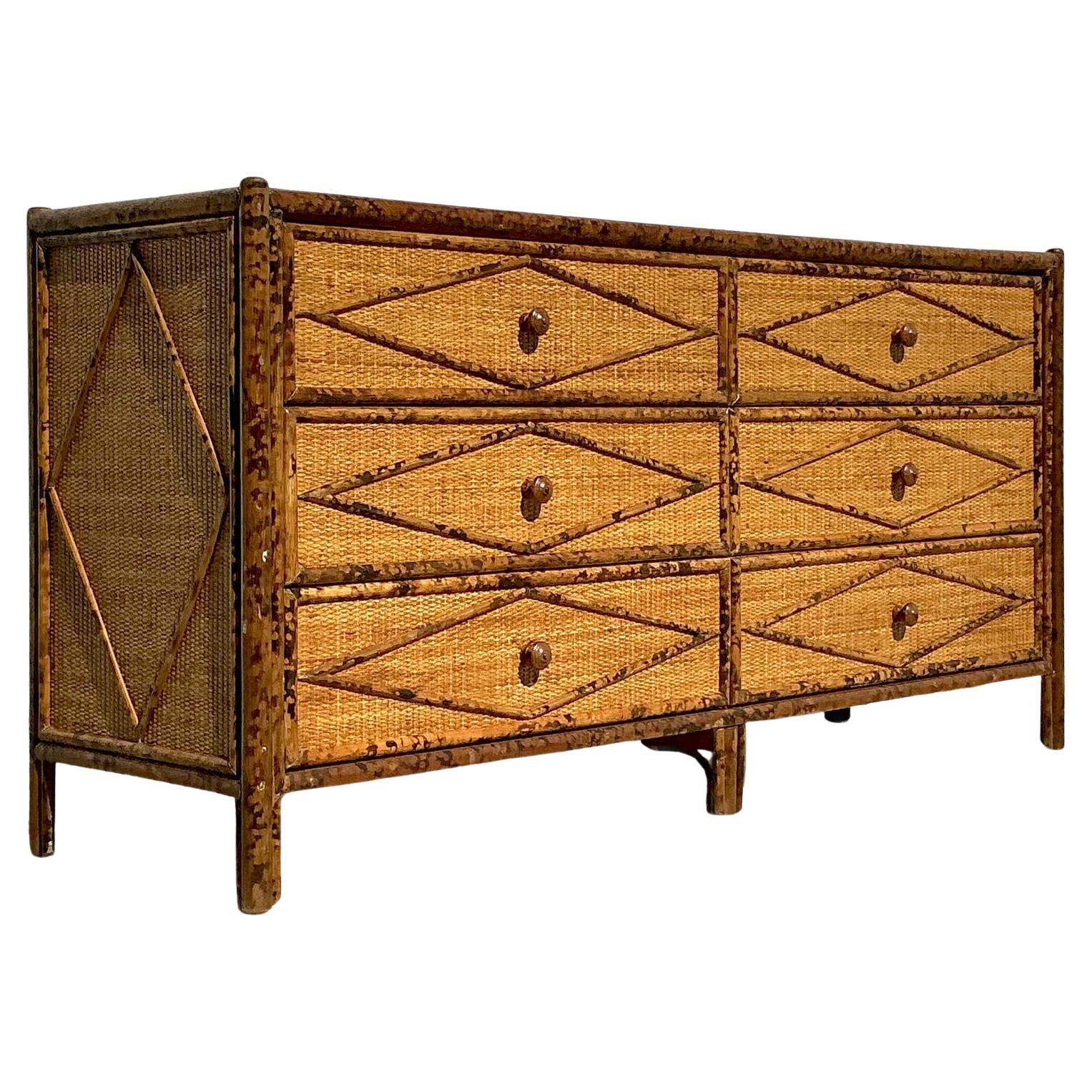 Vintage Coastal Tortoise Rattan Dresser