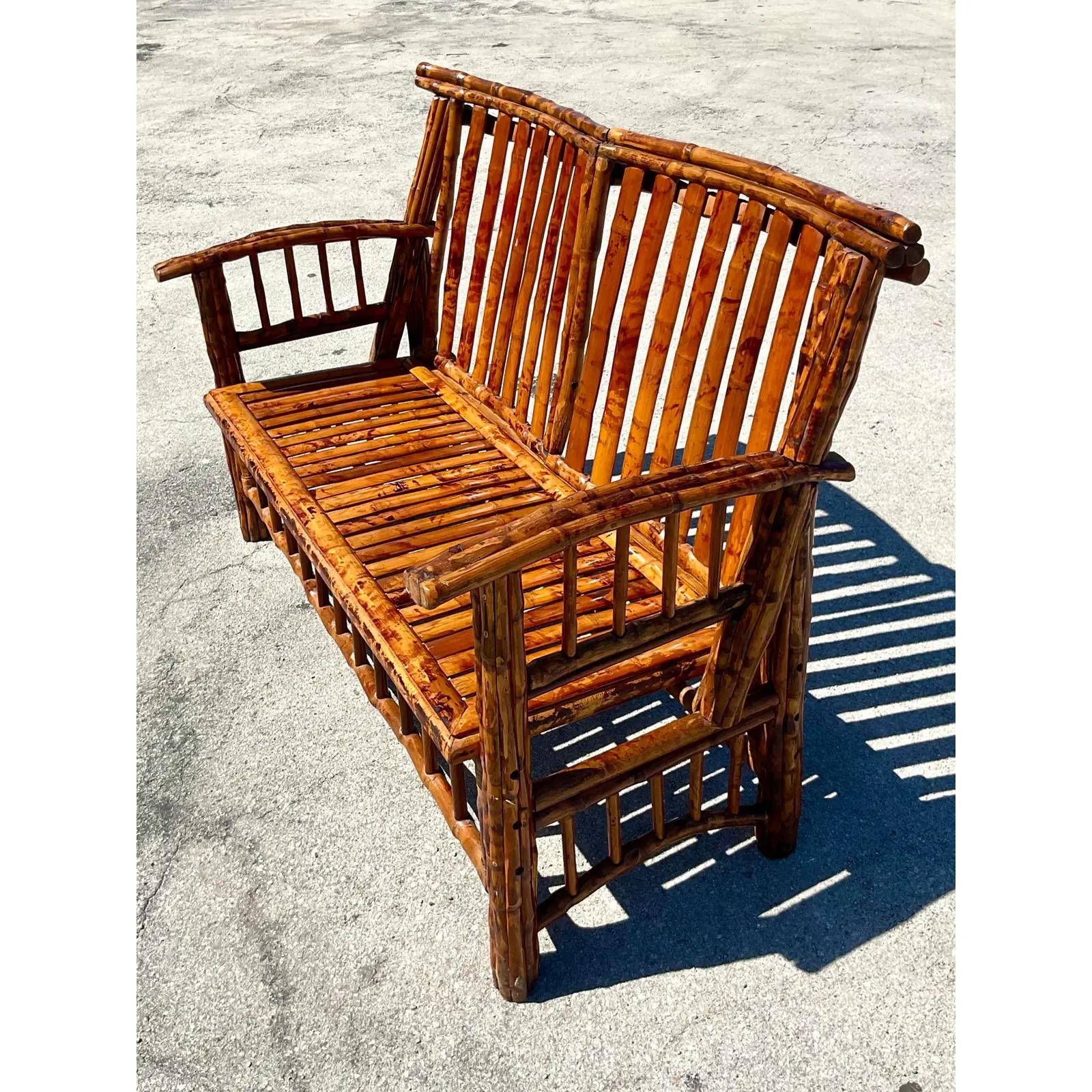 Rustic Vintage Coastal Tortoise Shell Bamboo Bench For Sale