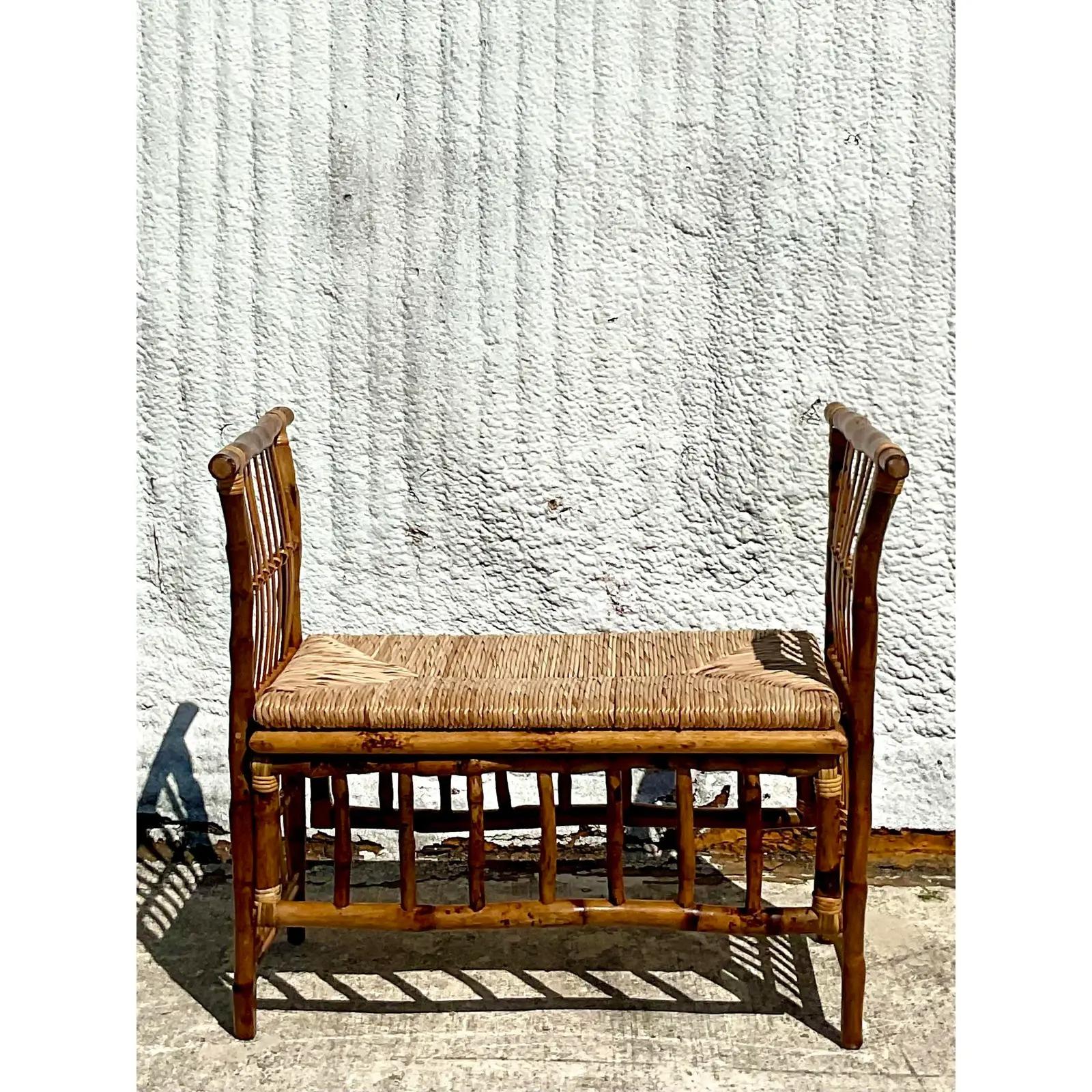Vintage Coastal Tortoise Shell Bamboo Bench In Good Condition In west palm beach, FL