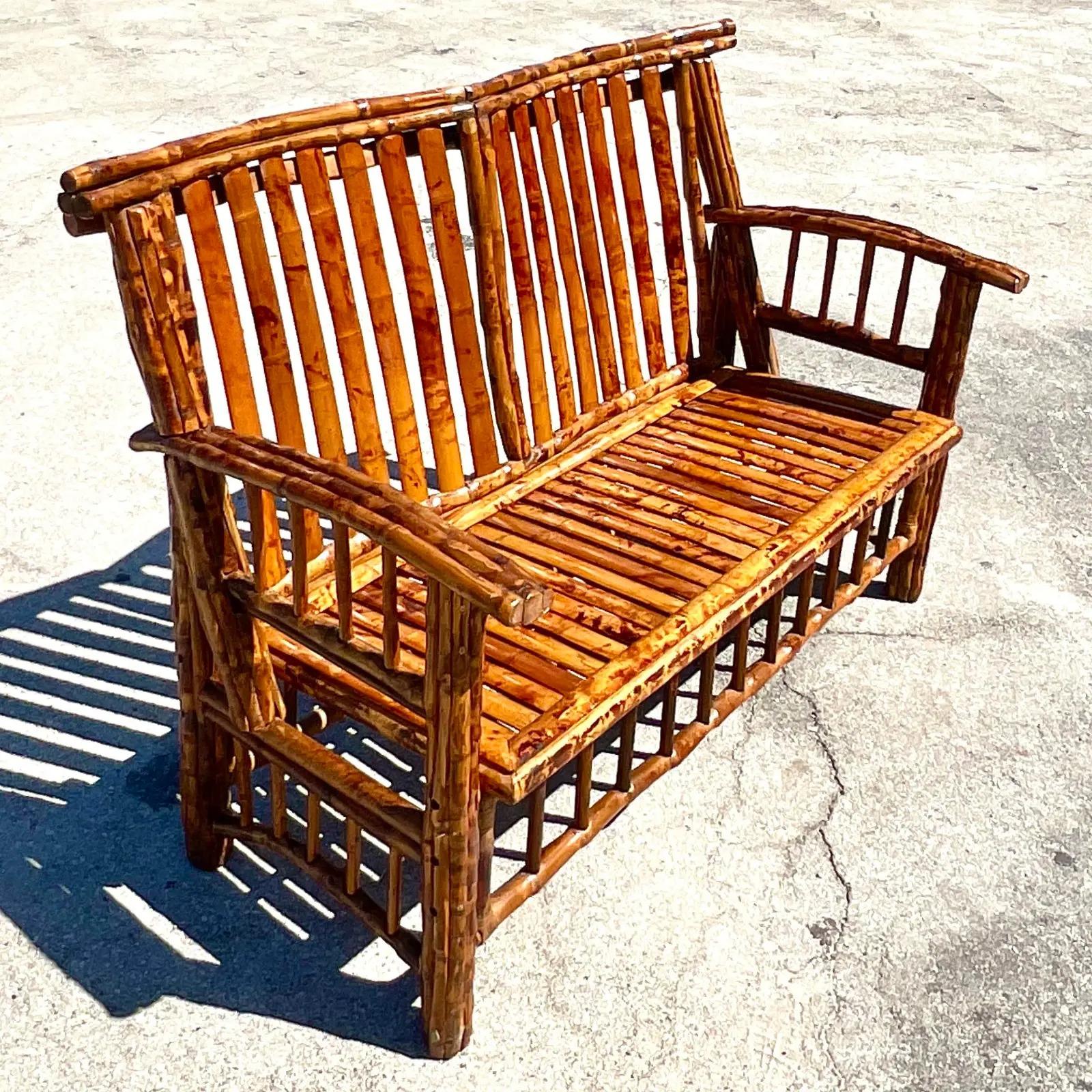 Vintage Coastal Tortoise Shell Bamboo Bench In Good Condition For Sale In west palm beach, FL