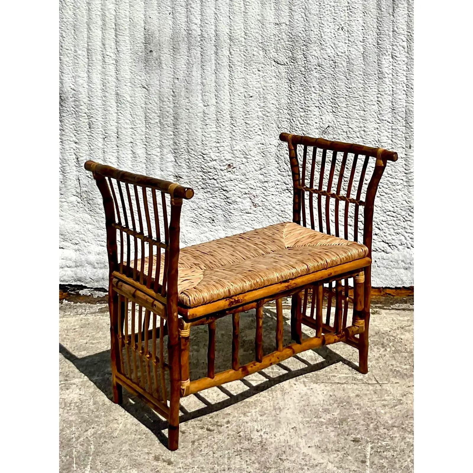 Vintage Coastal Tortoise Shell Bamboo Bench 1