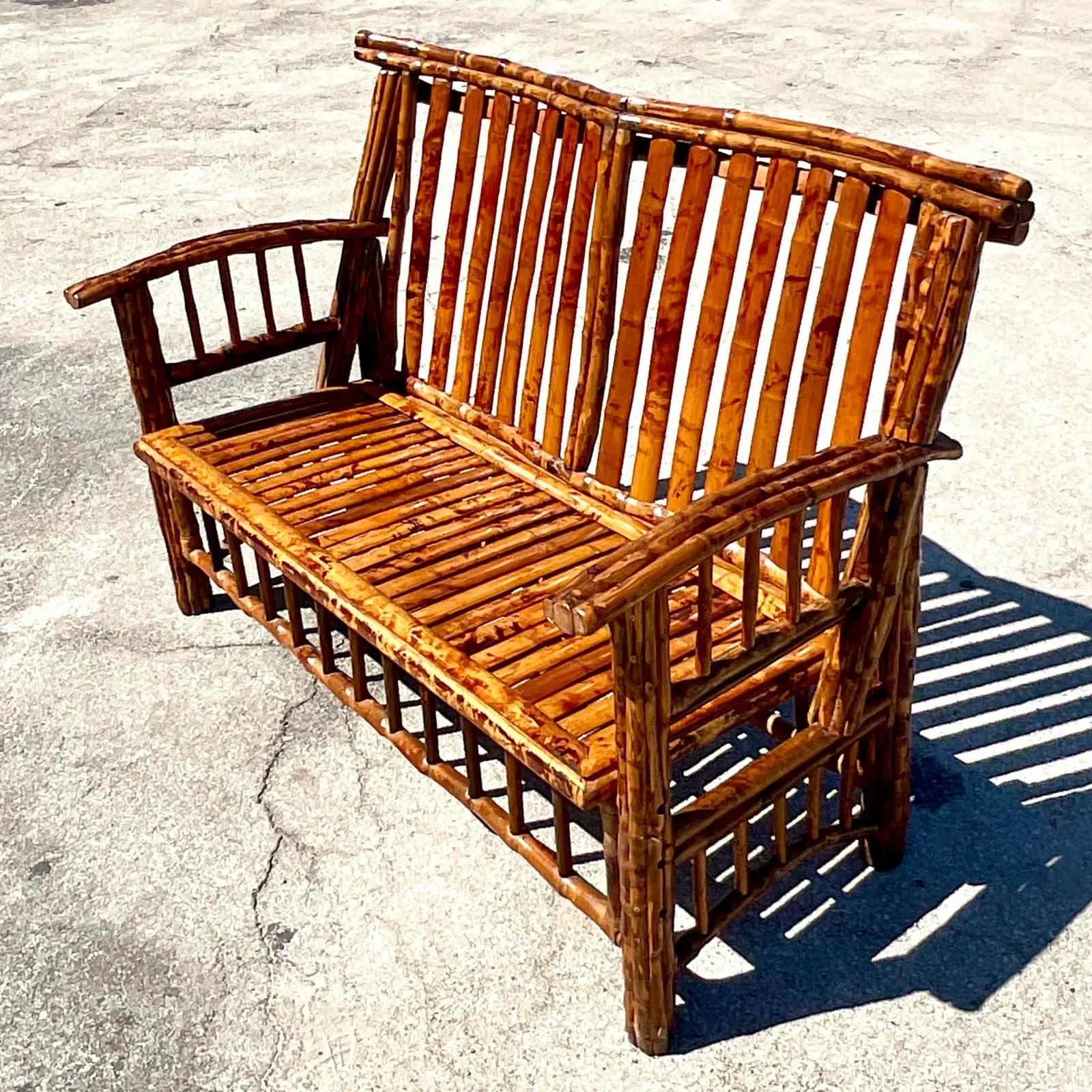 20th Century Vintage Coastal Tortoise Shell Bamboo Bench For Sale