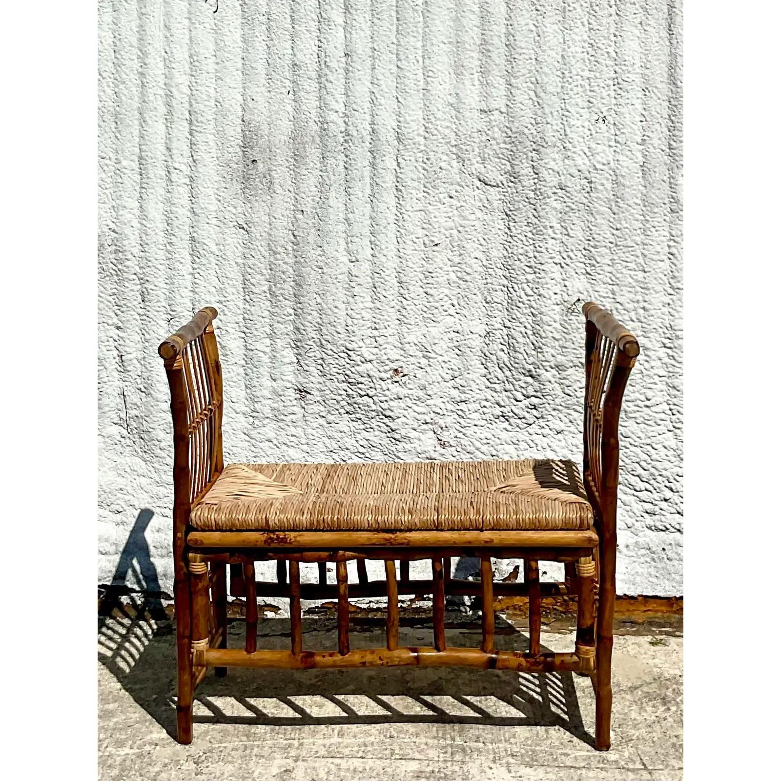 Vintage Coastal Tortoise Shell Bamboo Bench 2