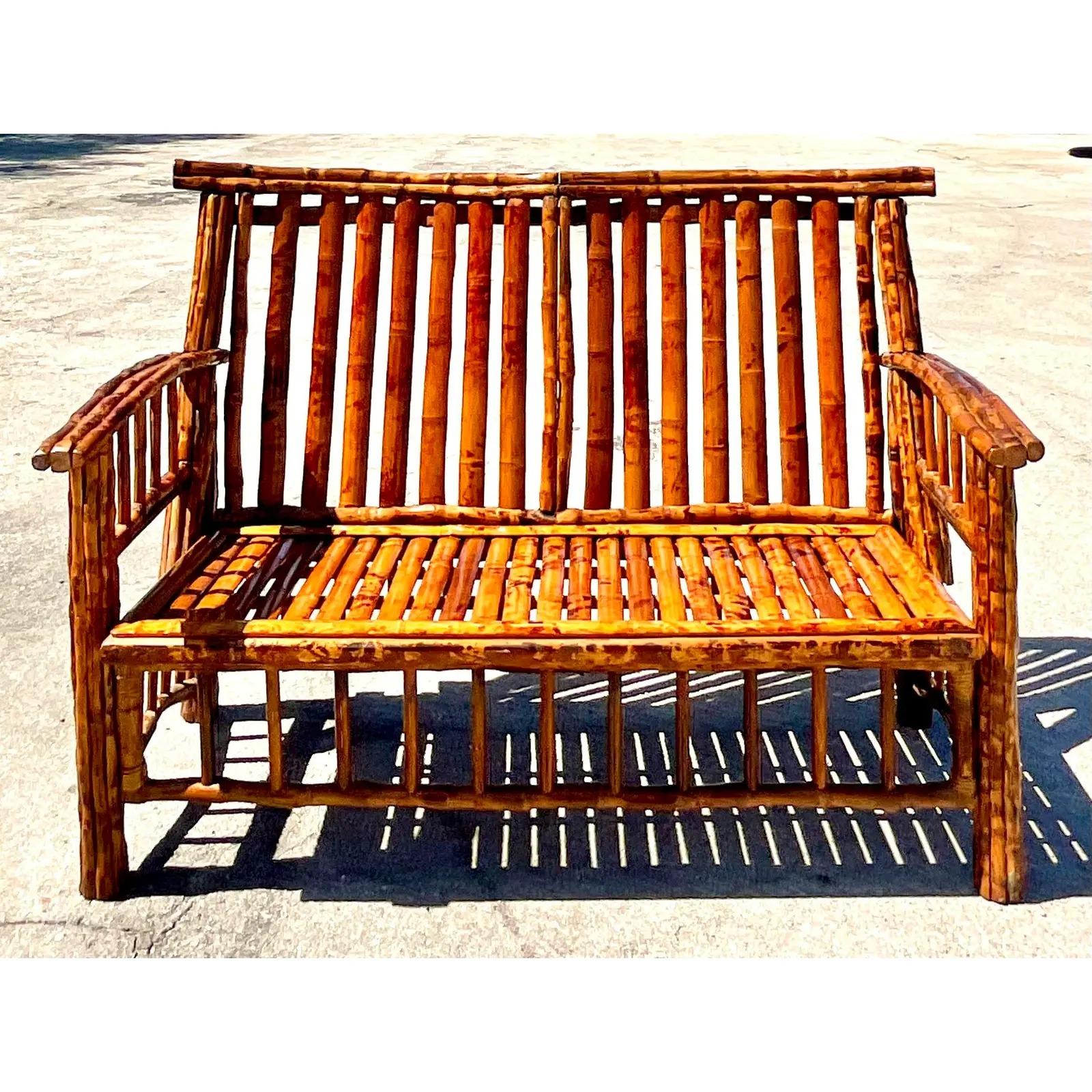 Vintage Coastal Tortoise Shell Bamboo Bench For Sale 1