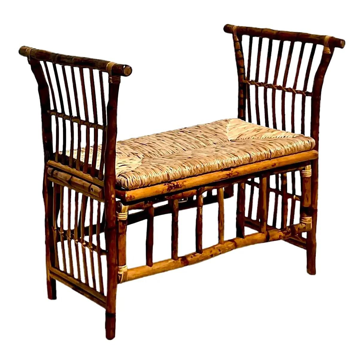 Vintage Coastal Tortoise Shell Bamboo Bench