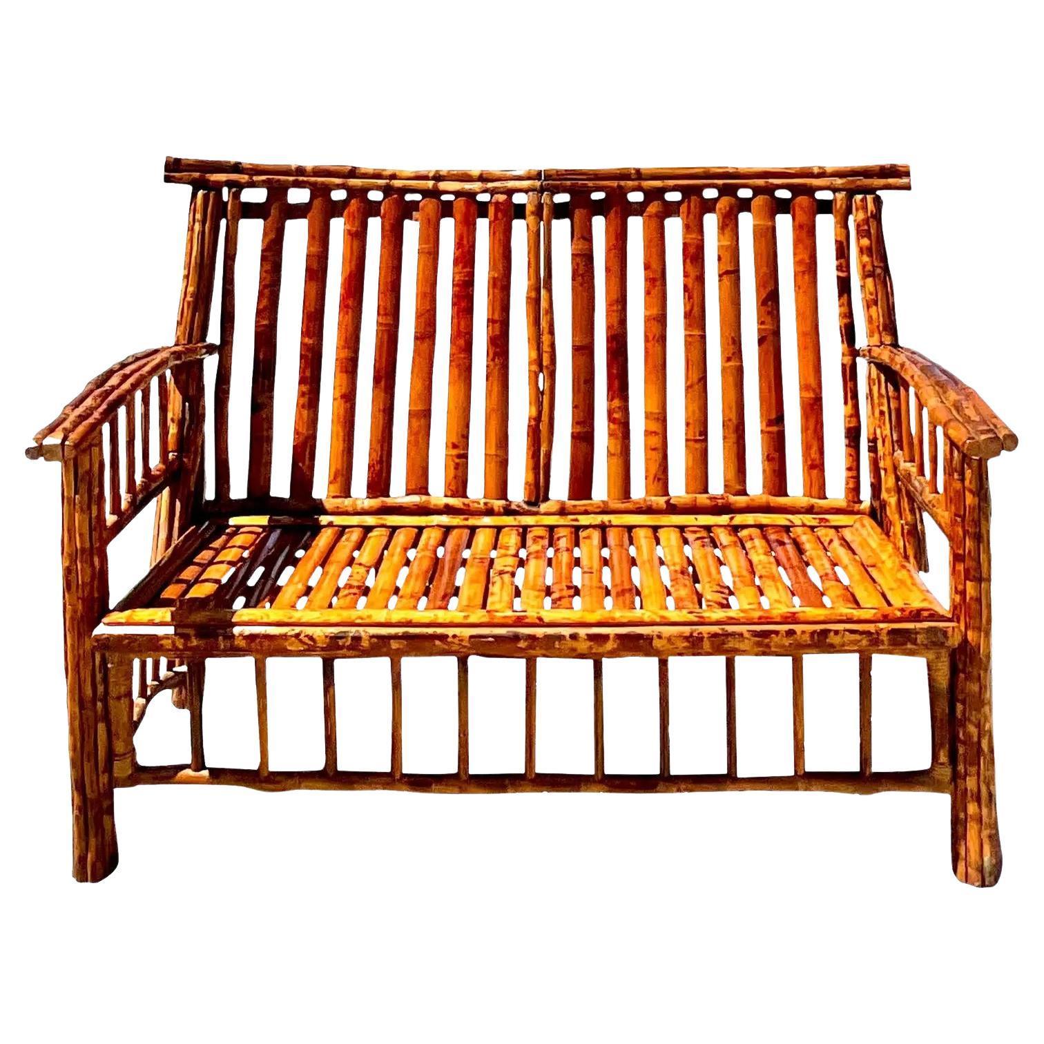 Vintage Coastal Tortoise Shell Bamboo Bench For Sale