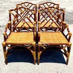 Vintage Coastal Tortoise Shell Rattan Chinese Chippendale Dining Chairs