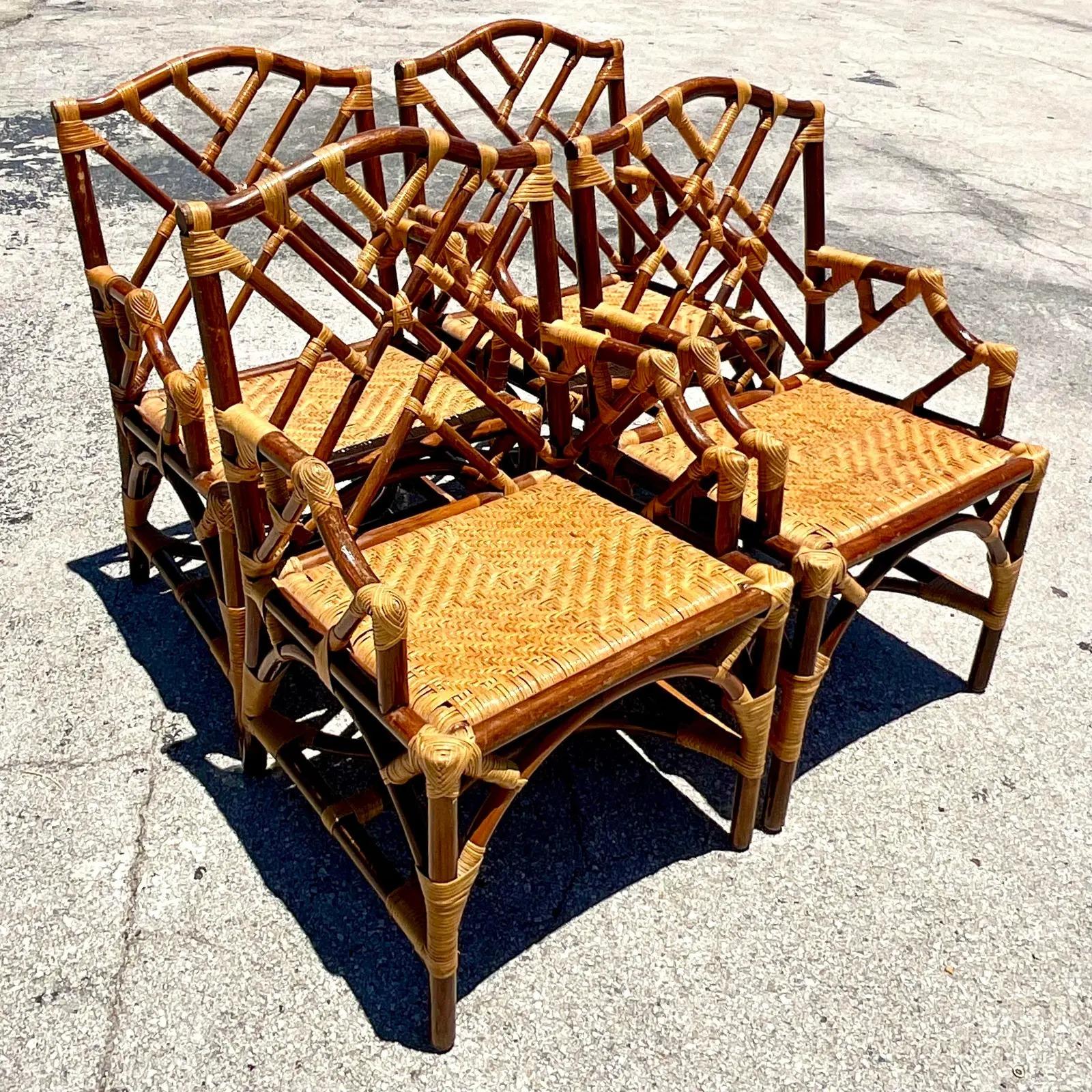 Philippine Vintage Coastal Tortoise Shell Rattan Chinese Chippendale Dining Chairs