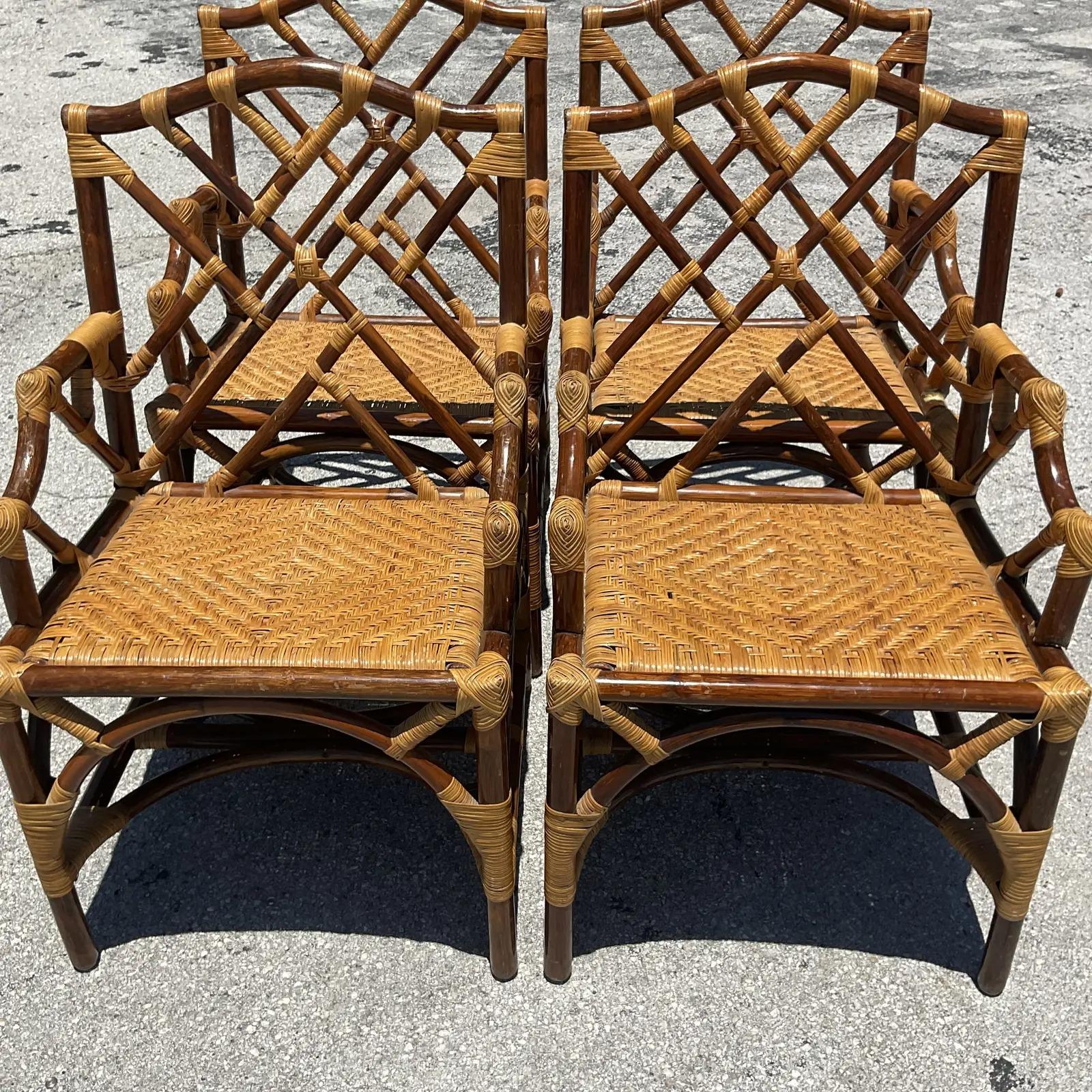 Vintage Coastal Tortoise Shell Rattan Chinese Chippendale Dining Chairs In Good Condition In West Palm Beach, FL