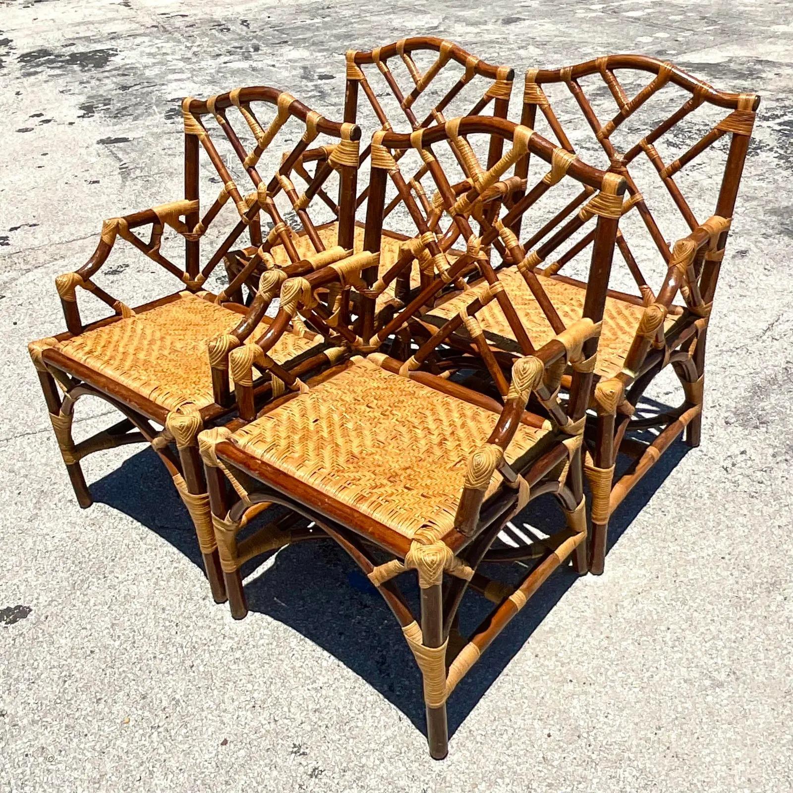 20th Century Vintage Coastal Tortoise Shell Rattan Chinese Chippendale Dining Chairs