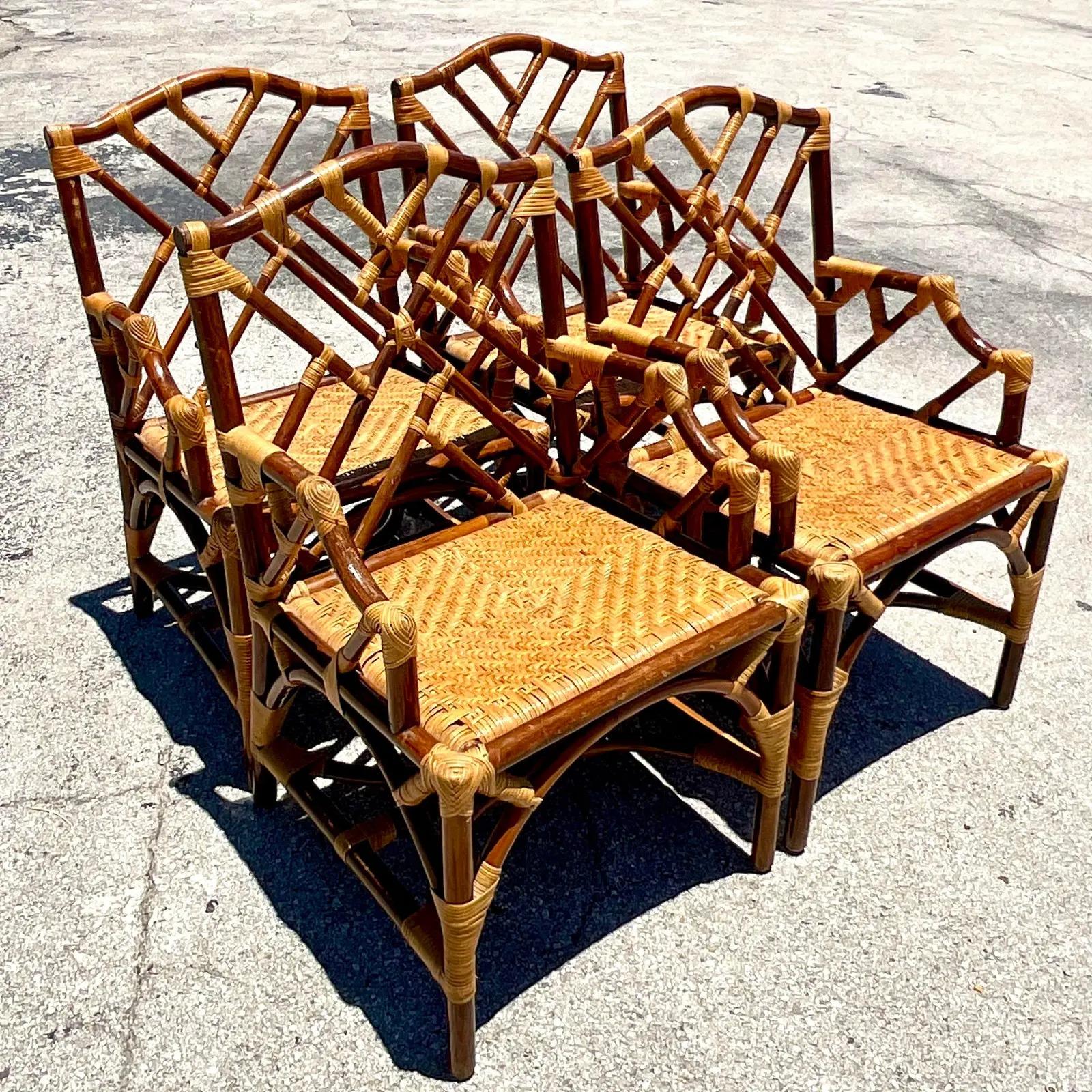 Vintage Coastal Tortoise Shell Rattan Chinese Chippendale Dining Chairs 1