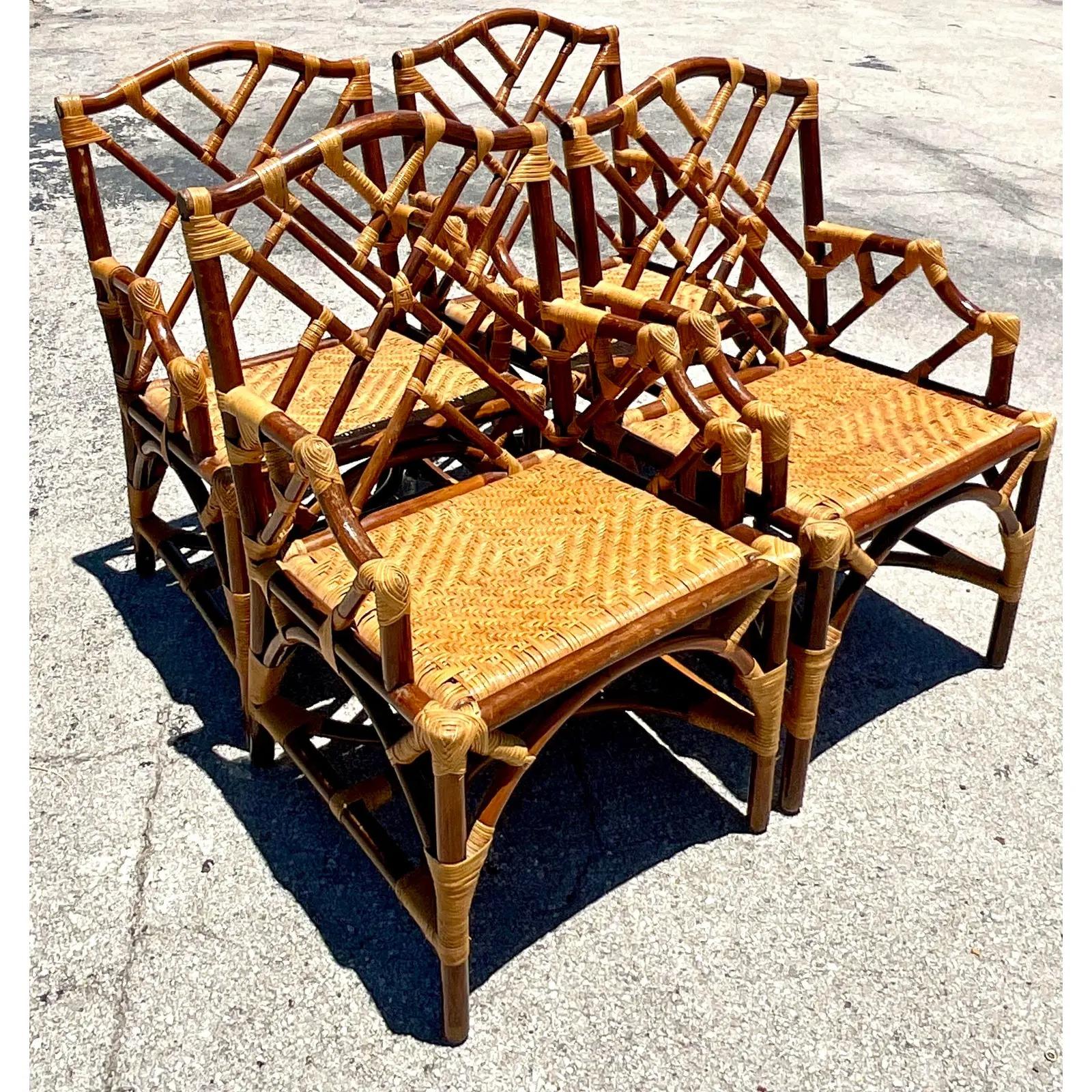 Vintage Coastal Tortoise Shell Rattan Chinese Chippendale Dining Chairs 2