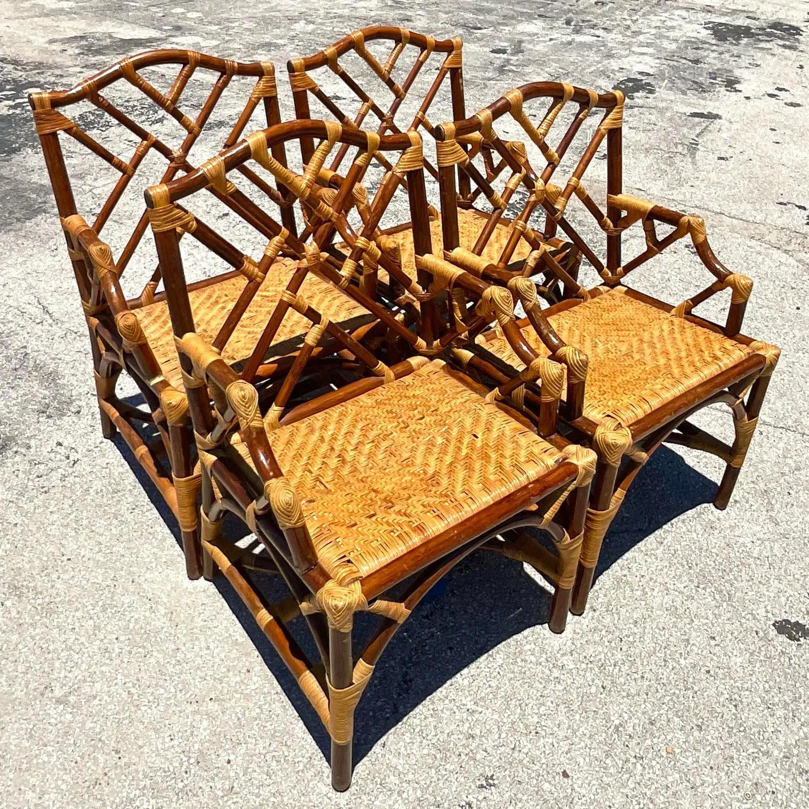 Vintage Coastal Tortoise Shell Rattan Chinese Chippendale Dining Chairs 3