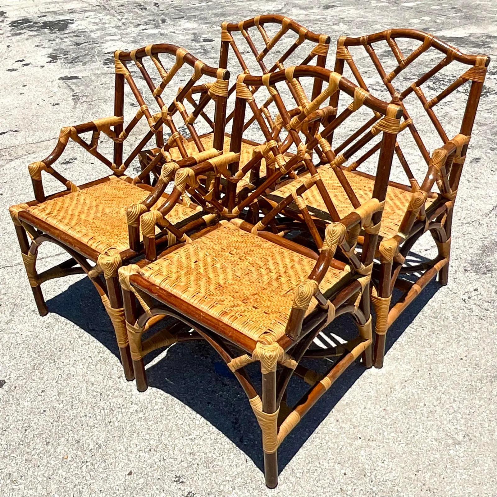 Vintage Coastal Tortoise Shell Rattan Chinese Chippendale Dining Chairs 4