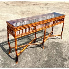 Vintage Coastal Tortoise Shell Rattan Console Table