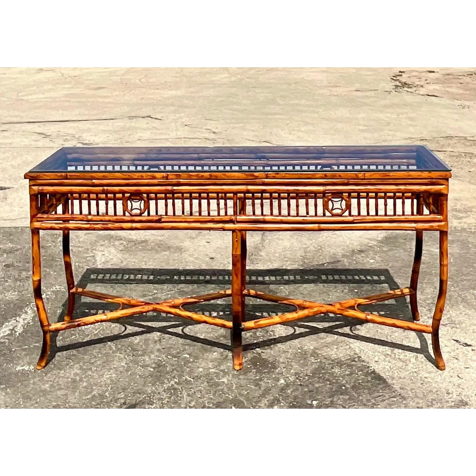 Vintage Coastal Tortoise Shell Rattan Console Table In Good Condition In west palm beach, FL