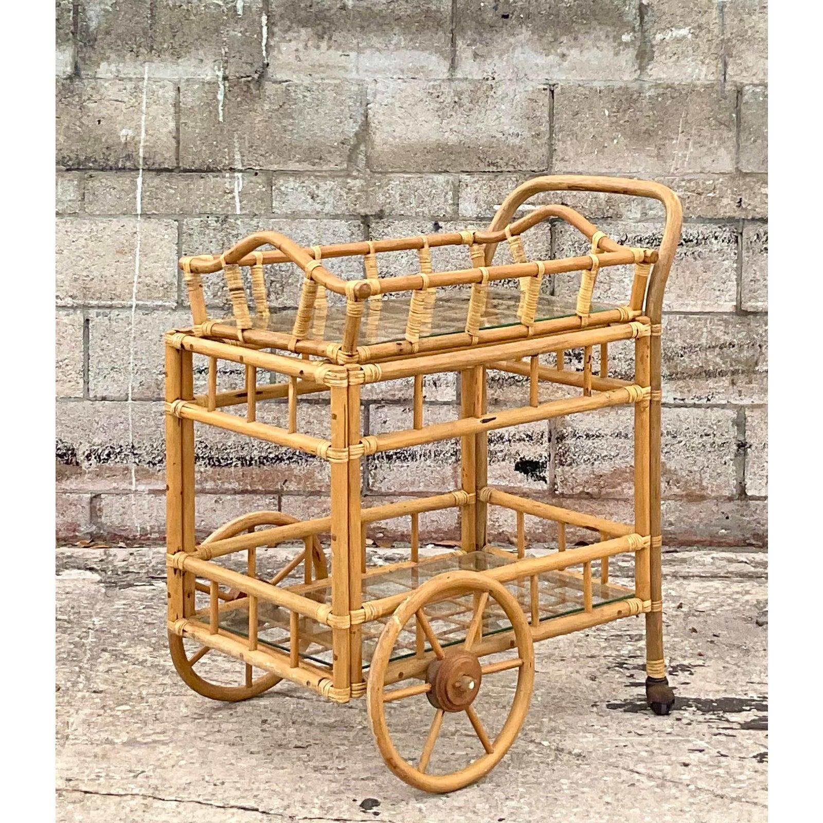 Philippine Vintage Coastal Tray Bamboo Bar Cart