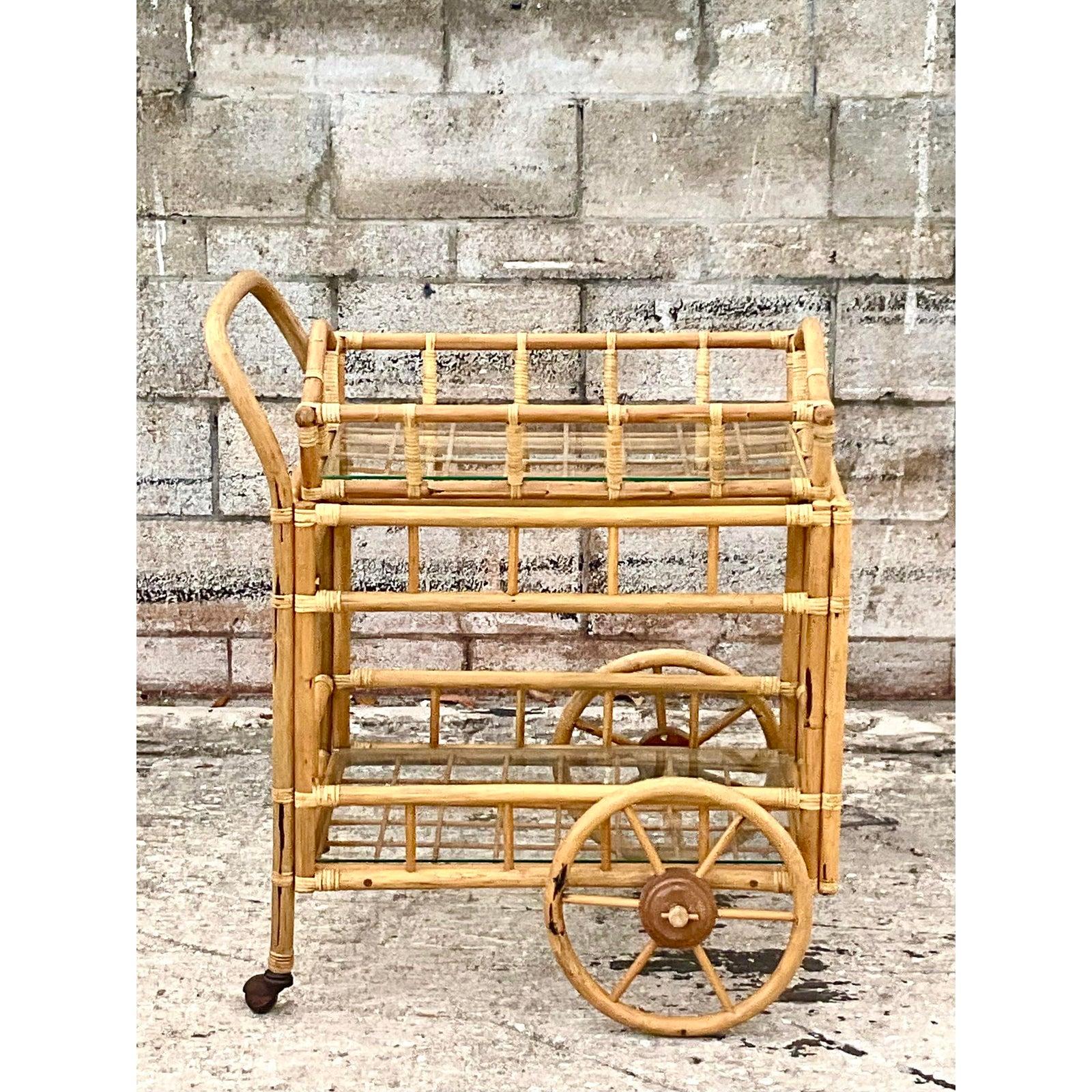 Vintage Coastal Tray Bamboo Bar Cart In Good Condition In west palm beach, FL