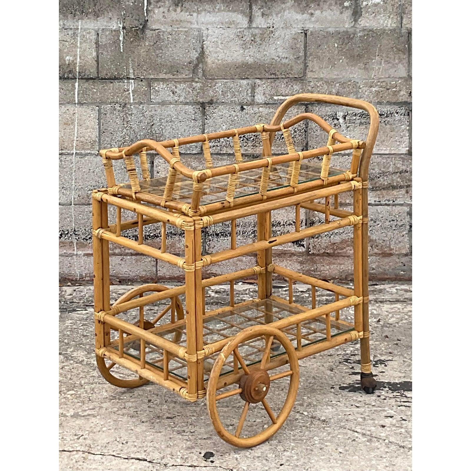 20th Century Vintage Coastal Tray Bamboo Bar Cart