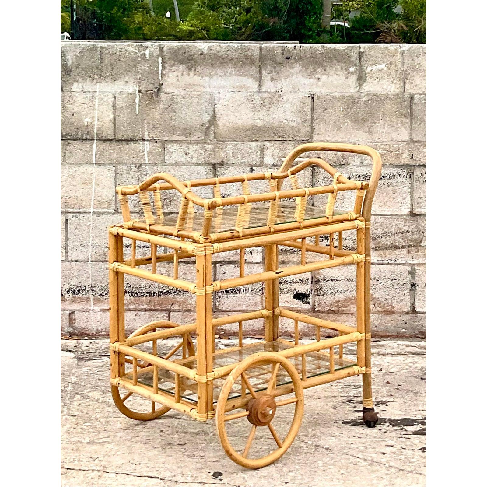 Vintage Coastal Tray Bamboo Bar Cart 1