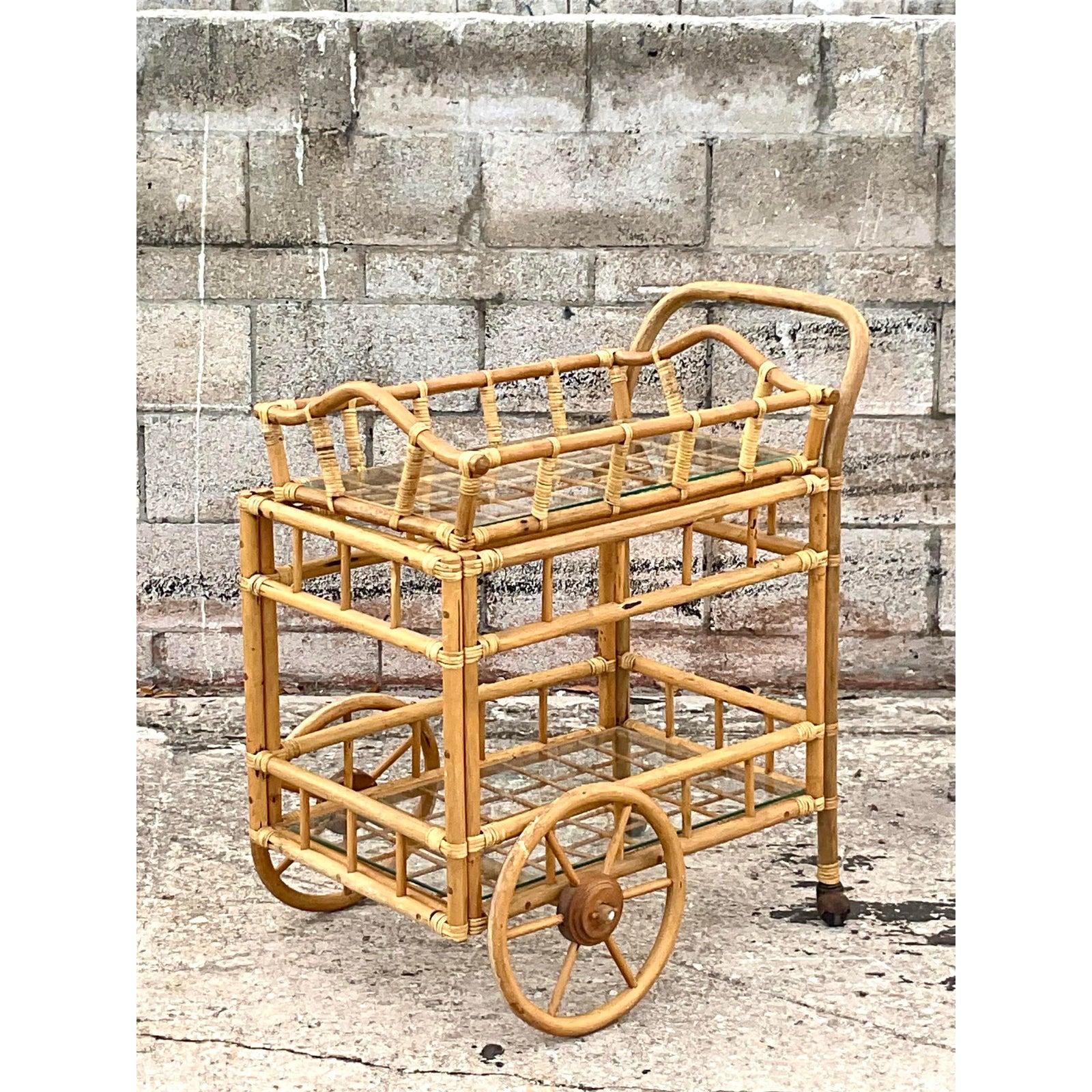 Vintage Coastal Tray Bamboo Bar Cart 3