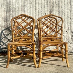 Vintage Coastal Trellis Bamboo Dining Chairs - Set of 4