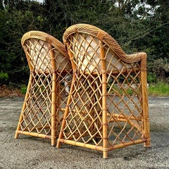 Vintage Coastal Trellis Rattan Bar Stools - a Pair
