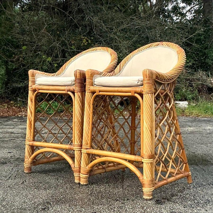 Philippine Vintage Coastal Trellis Rattan Bar Stools - a Pair For Sale