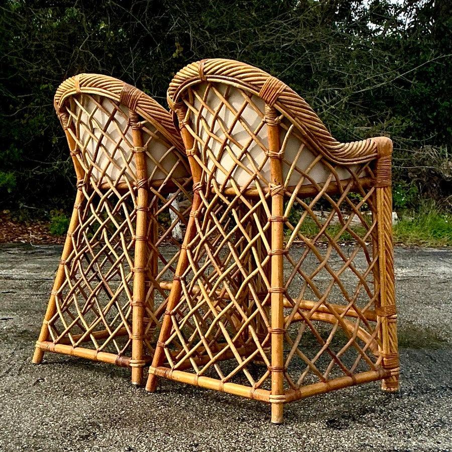 Vintage Coastal Trellis Rattan Bar Stools - a Pair In Good Condition For Sale In west palm beach, FL