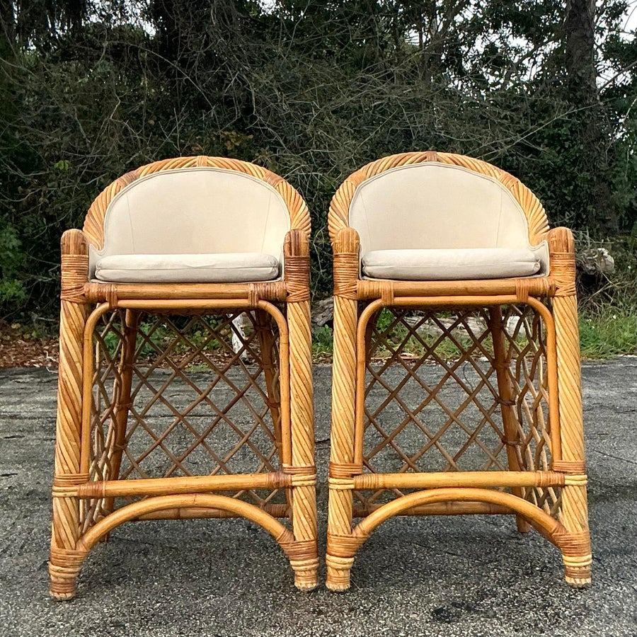 20th Century Vintage Coastal Trellis Rattan Bar Stools - a Pair For Sale