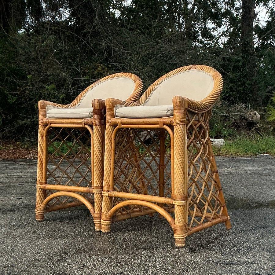 Fabric Vintage Coastal Trellis Rattan Bar Stools - a Pair For Sale