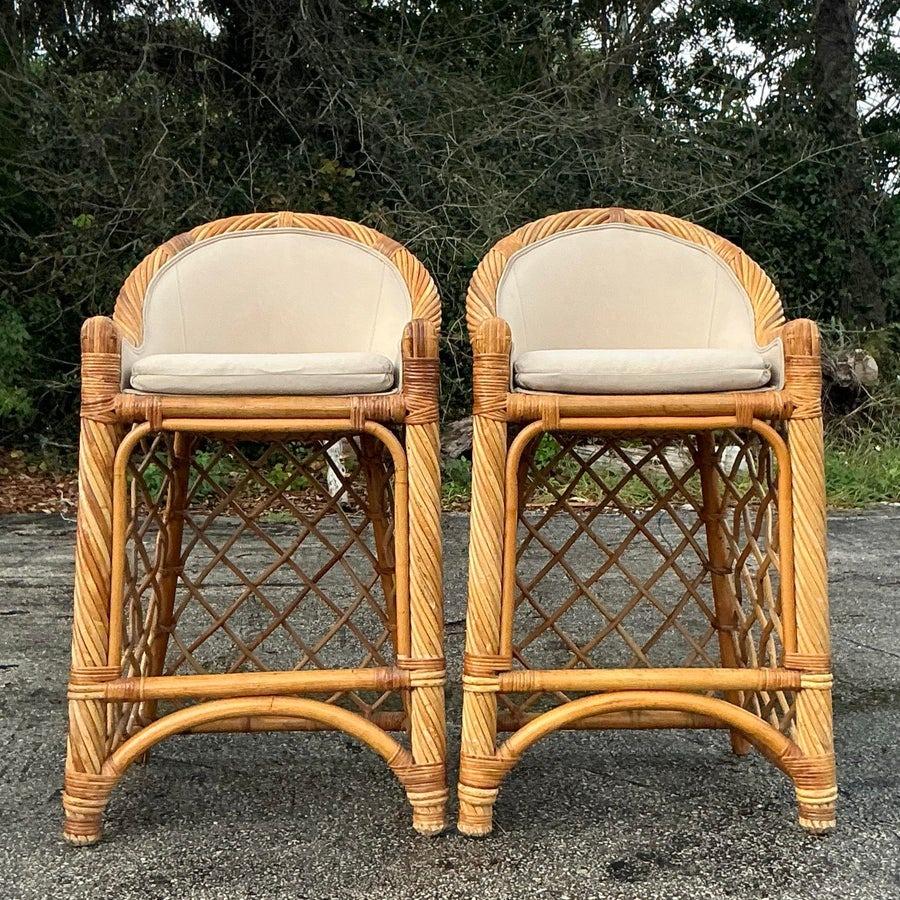 Vintage Coastal Trellis Rattan Bar Stools - a Pair For Sale 1