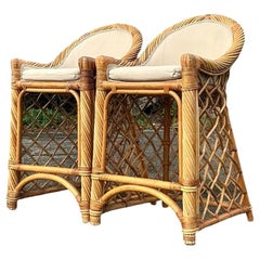 Vintage Coastal Trellis Rattan Bar Stools - a Pair