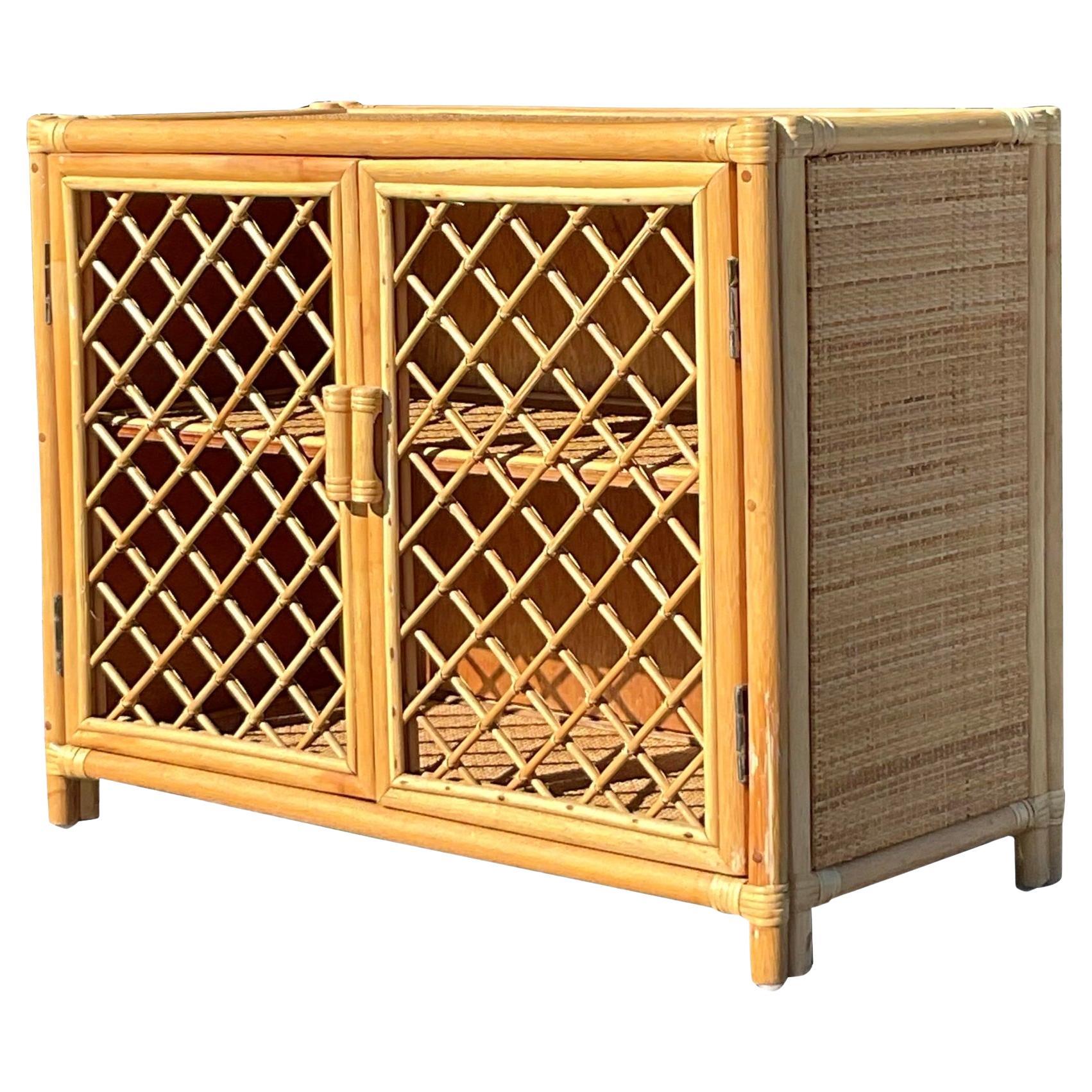 Vintage Coastal Trellis Rattan Cabinet