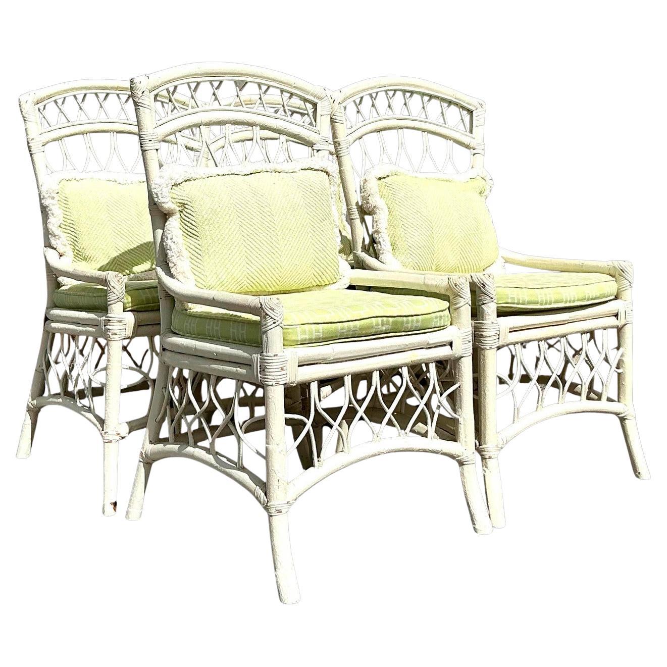 Vintage Coastal Trellis Rattan Dining Chairs - Set of 4