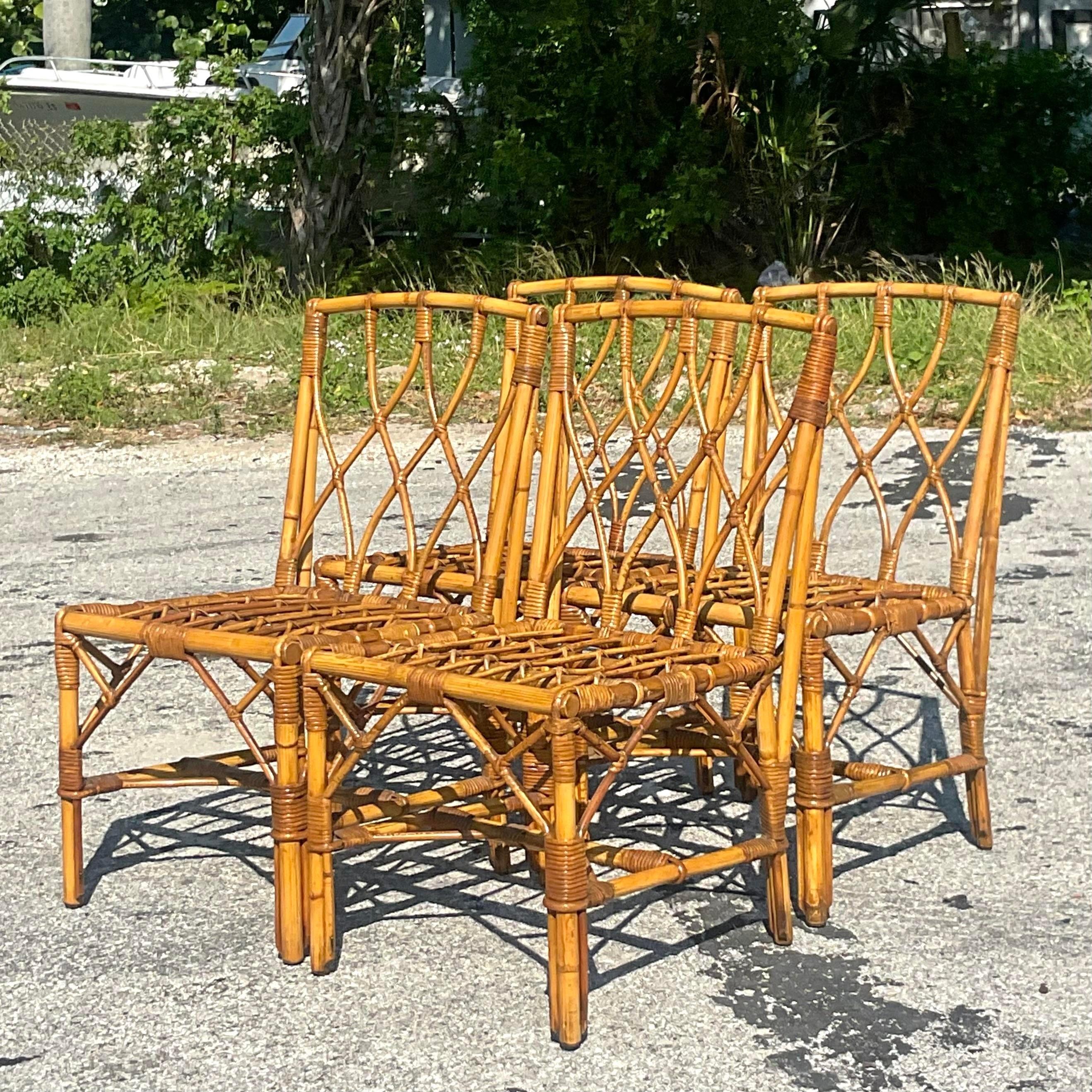 Philippine Vintage Coastal Trellis Rattan Dining Chairs - Set of Four For Sale