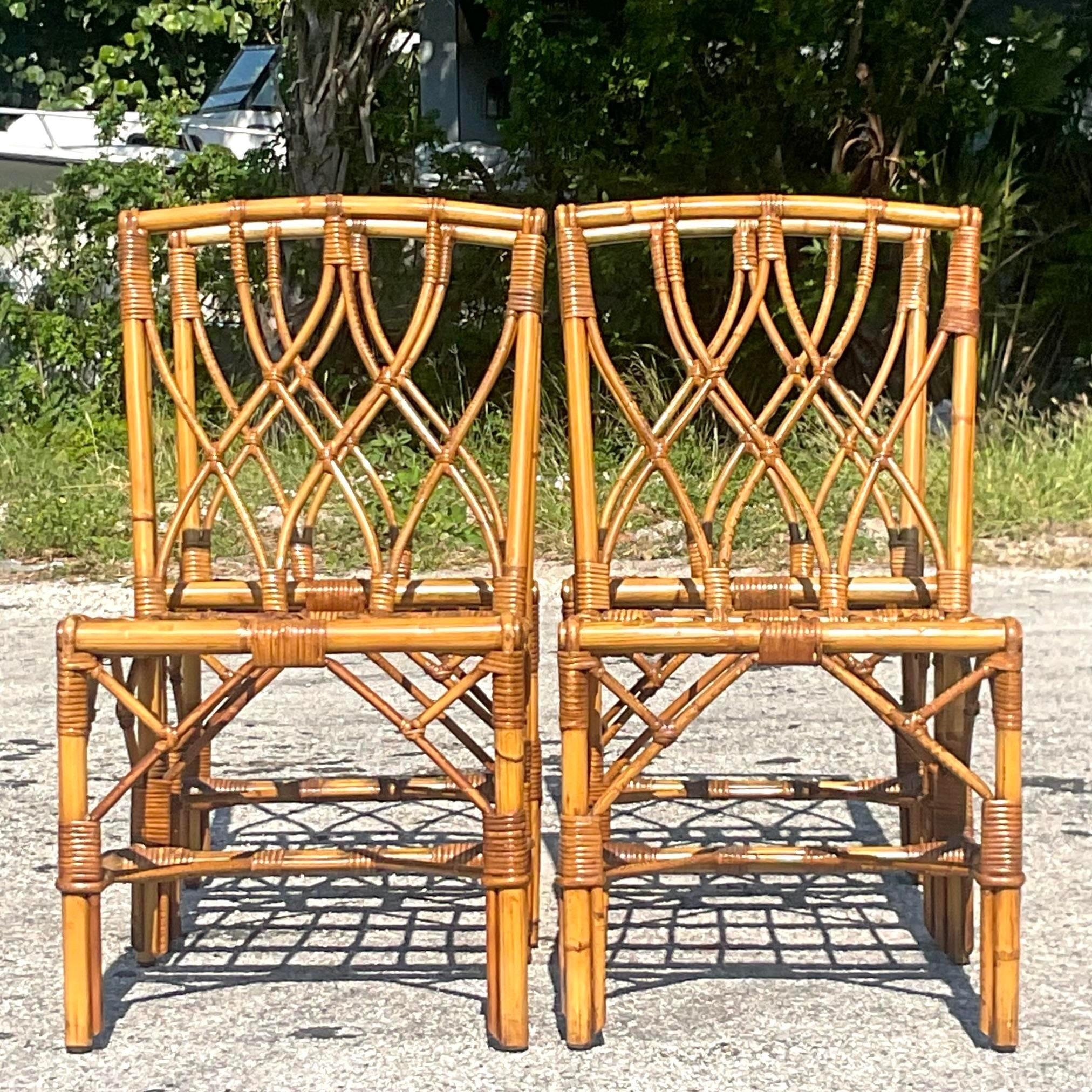 Vintage Coastal Trellis Rattan Dining Chairs - Set of Four In Good Condition For Sale In west palm beach, FL