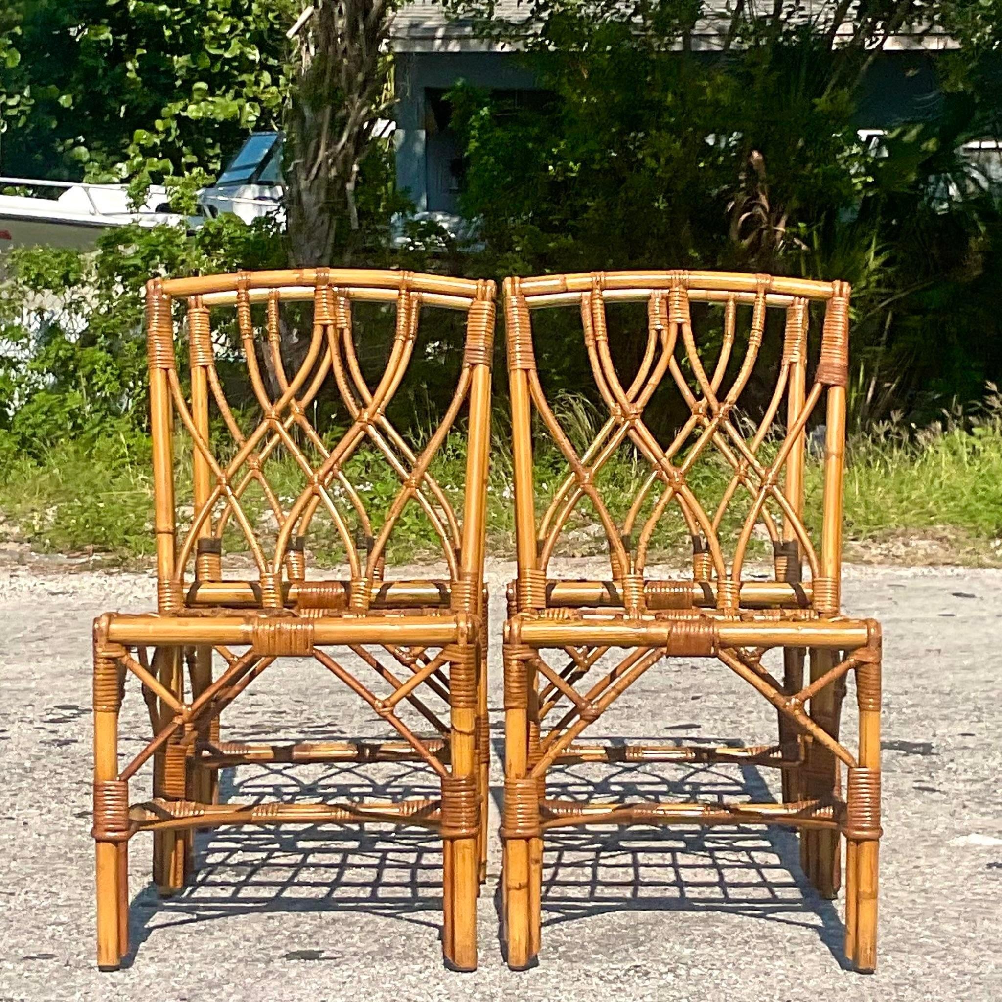 20th Century Vintage Coastal Trellis Rattan Dining Chairs - Set of Four For Sale