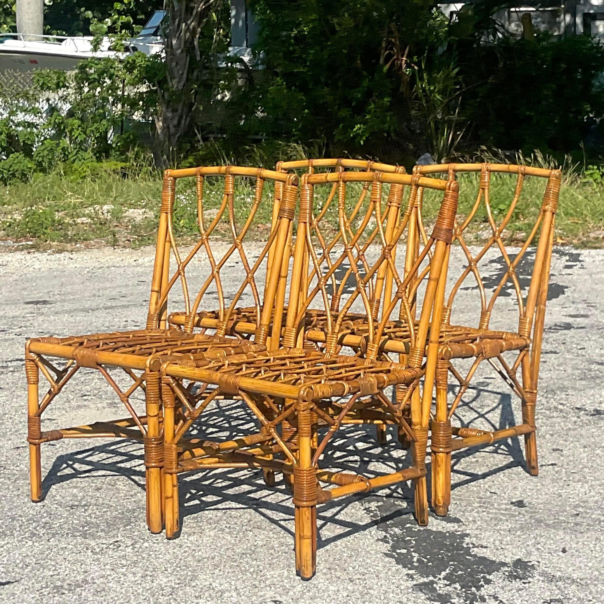 Vintage Coastal Trellis Rattan Dining Chairs - Set of Four 1